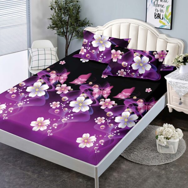 husa de pat 160 mov cu flori albe