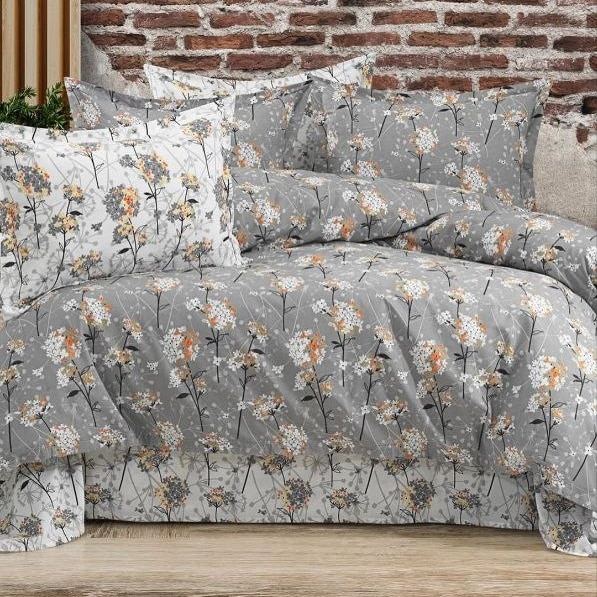 lenjerie bumbac ranforce gri cu floricele galbene