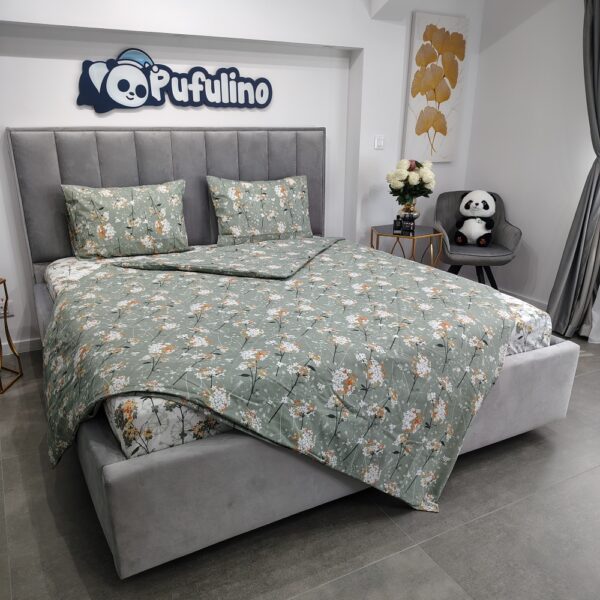 lenjerie de pat bumbac ranforce gri cu floricele