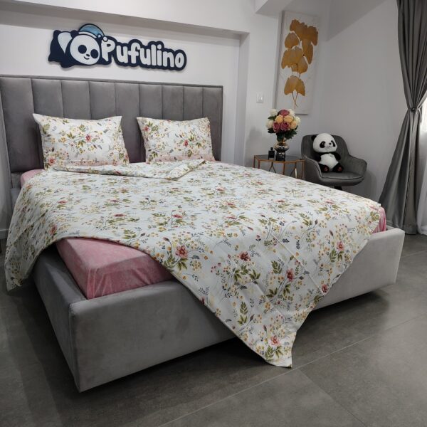 lenjerie de pat ranforce alba cu floricele roz