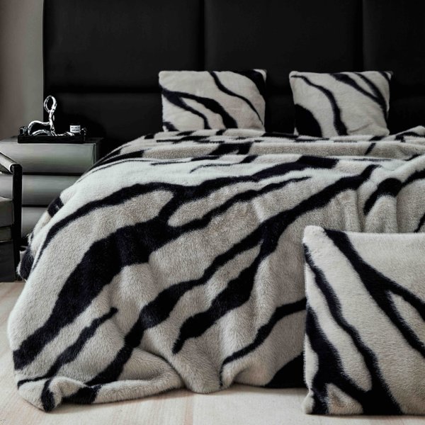 Set Pătură de Lux cu Fermoar din Blana Artificiala de Nurca + 2 Fete de Perna, Pat 2 Persoane, 200 x 230cm - Grey & Black - PUF183640-03