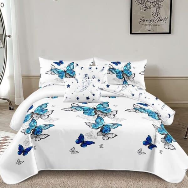 lenjerie alba cu fluturi albastri turcoaz