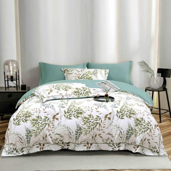 lenjerie la cutie din finet alb turcoaz cu frunze verzi