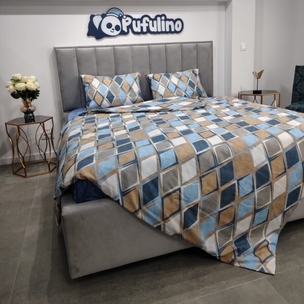 Lenjerie bumbac ranforce romburi albastre si aurii cutie