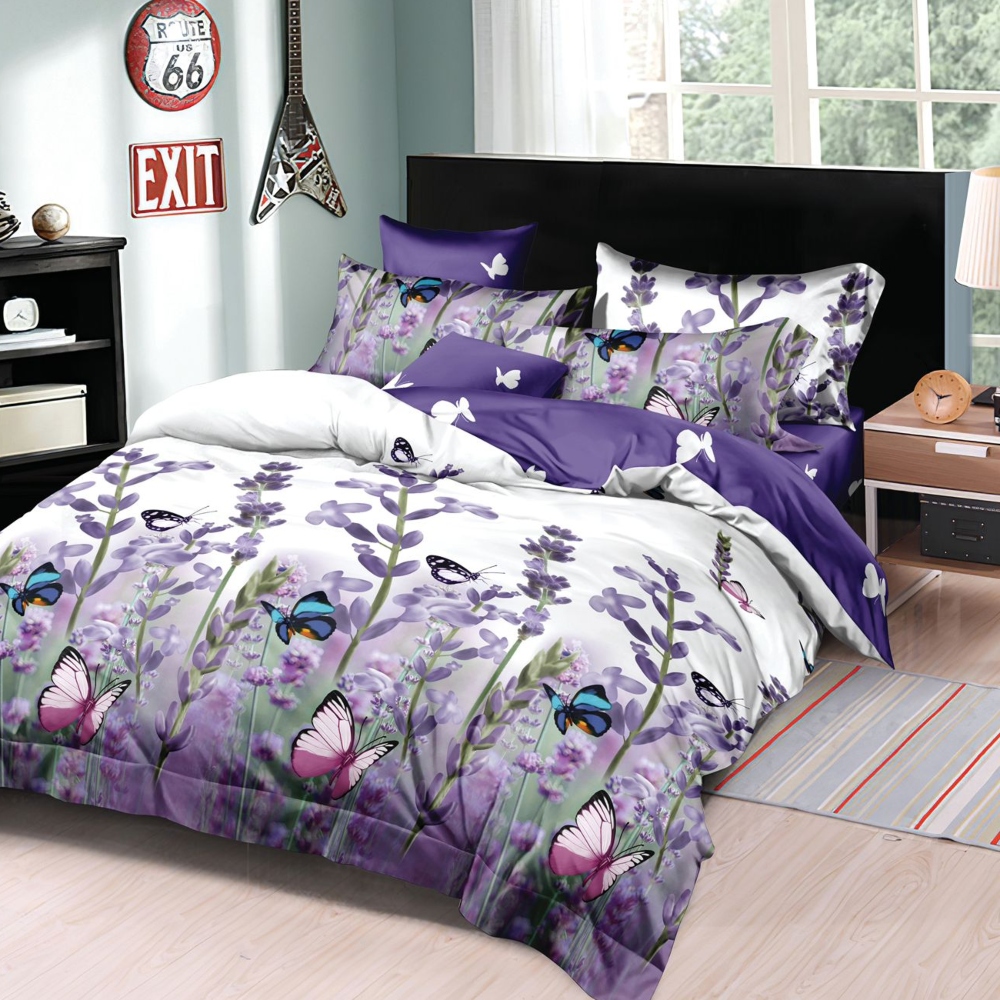 lenjerie 1 persoana cu elastic alb mov cu fluturi si lavanda lenjerie 1 persoana cu elastic alb mov cu fluturi si lavanda