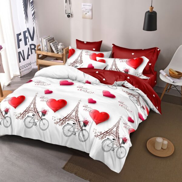 lenjerie 1 persoana cu elastic alb rosu cu inimioare si turnul eiffel
