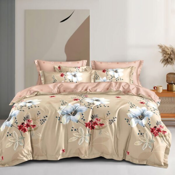 lenjerie 1 persoana cu elastic bej cu flori albe