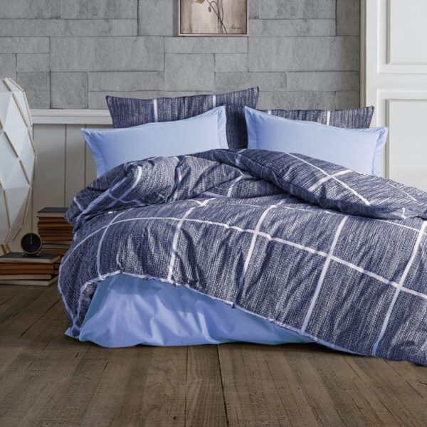 lenjerie bumbac ranforce albastra cu dungi