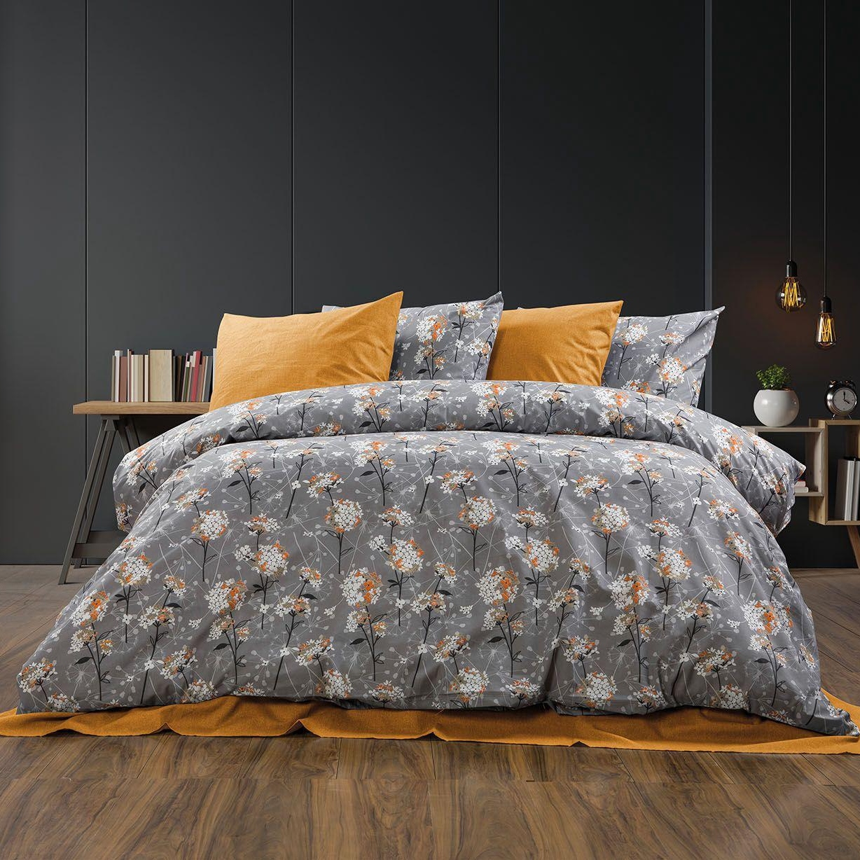 lenjerie bumbac ranforce gri mustar cu flori lenjerie bumbac ranforce gri mustar cu flori