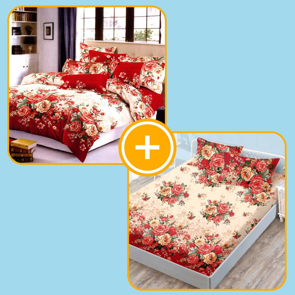 Red-Roses pachet lenjerie si husa de pat 2 persoane