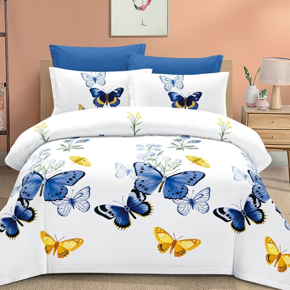 lenjerie alb albastra cu fluturi colorati lenjerie alb albastra cu fluturi colorati