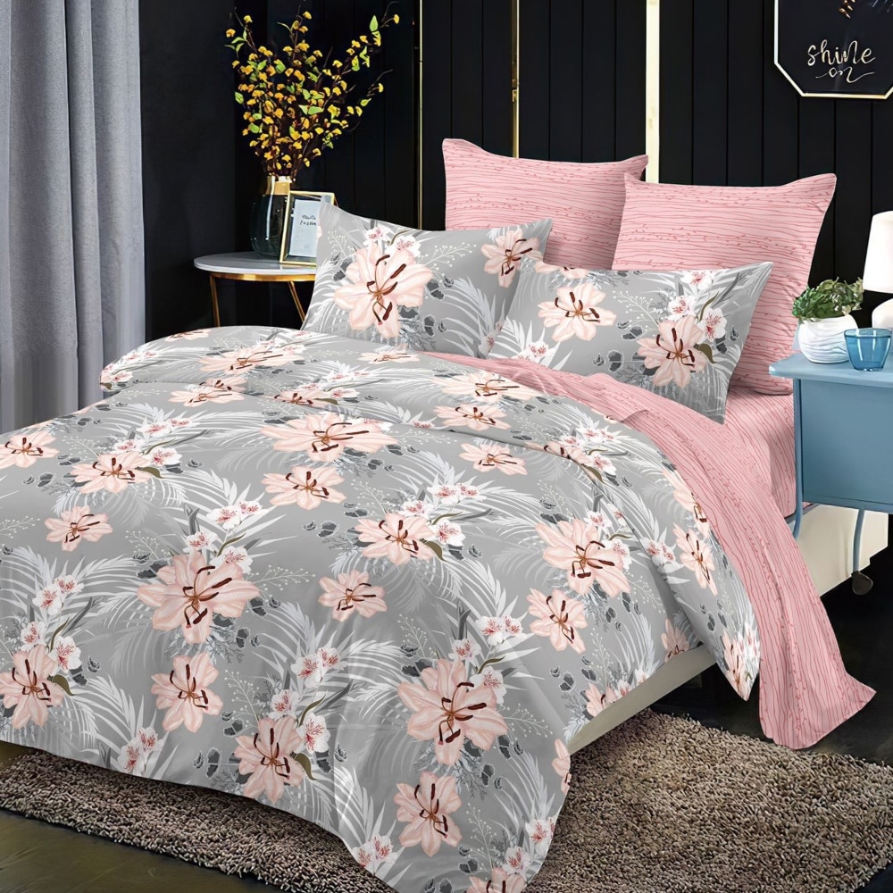 lenjerie gri roz cu flori lenjerie gri roz cu flori