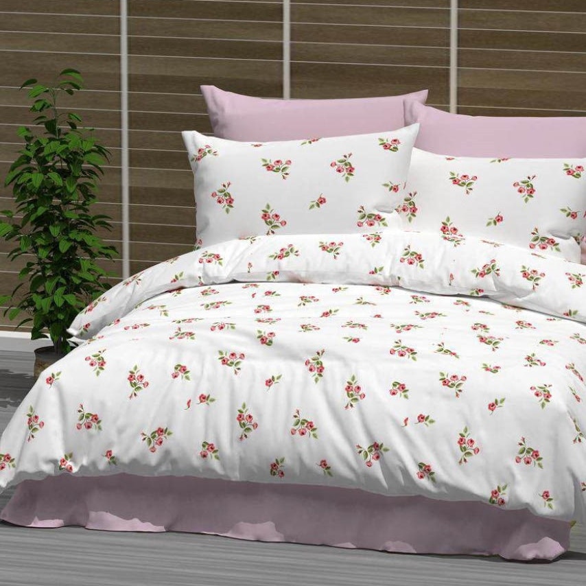 lenejrie bumbac ranforce alb roz cu floricele lenejrie bumbac ranforce alb roz cu floricele