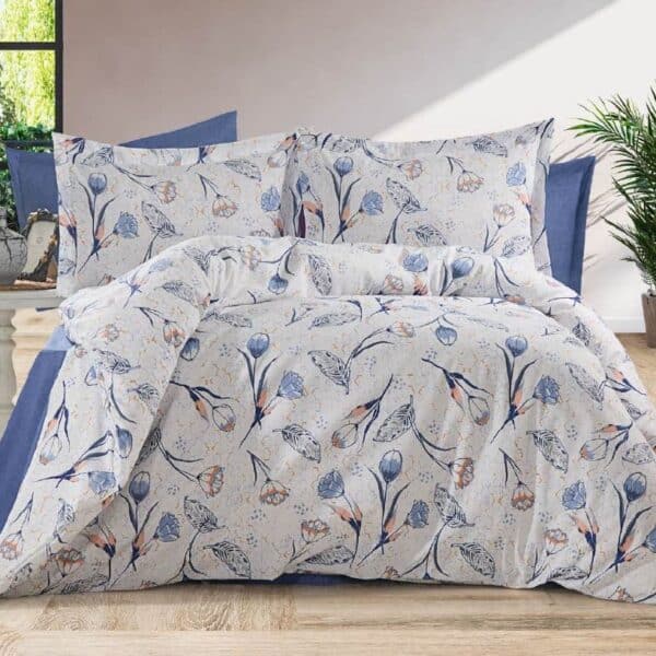 lenjerie bumbac ranforce alb albastra cu frunze