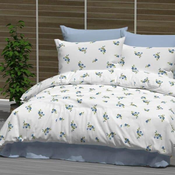 lenjerie bumbac ranforce alb bleu cu floricele