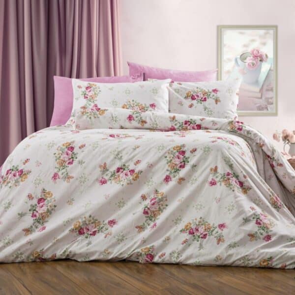 lenjerie bumbac ranforce alb roz cu floricele