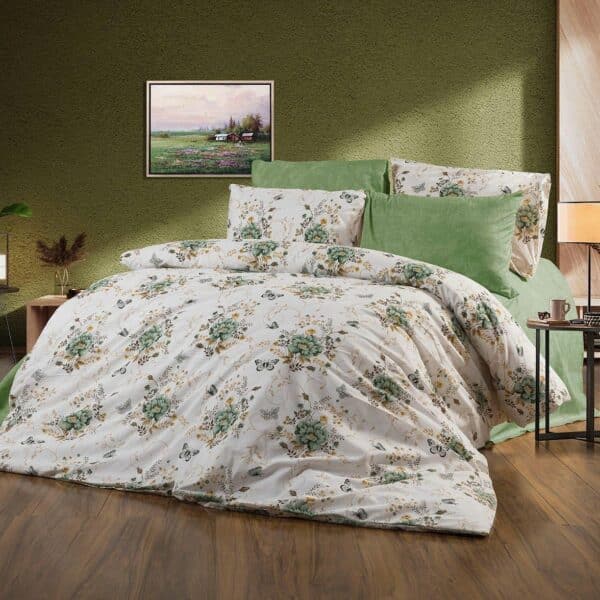 lenjerie bumbac ranforce alb verde cu trandafiri
