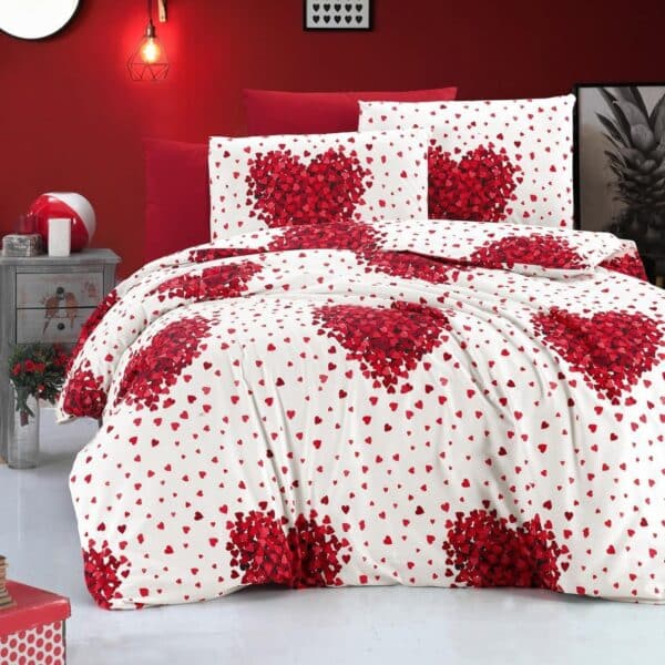 lenjerie bumbac ranforce alba cu inimi rosii