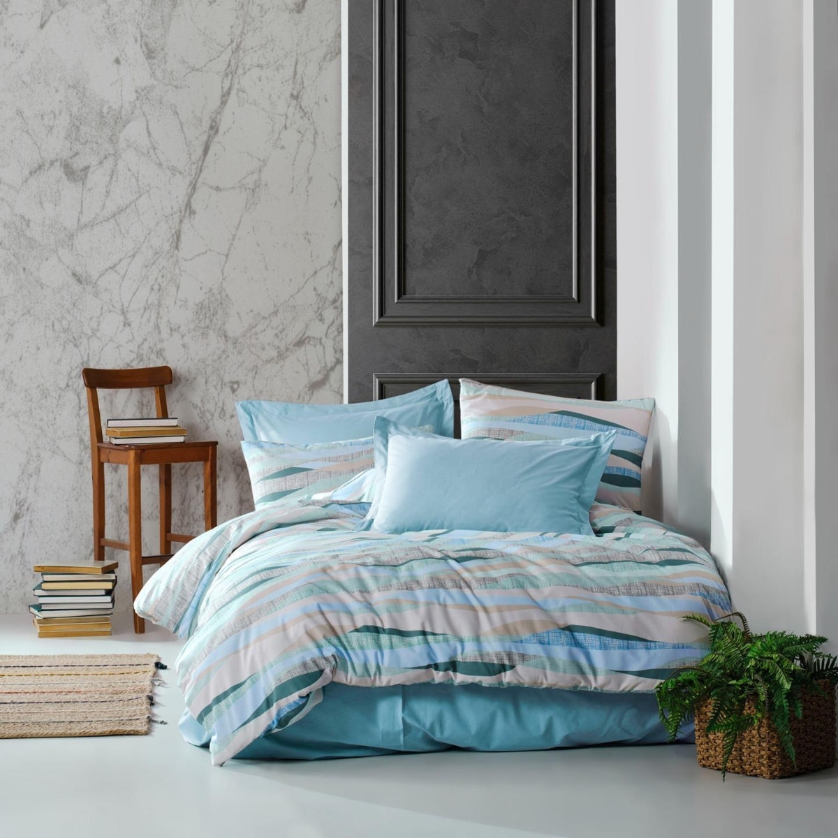 lenjerie bumbac ranforce bleu cu dungi Lenjerie de Pat din Bumbac 100% Ranforce - Pat 2 Persoane, 4 Piese - PUF123008-19