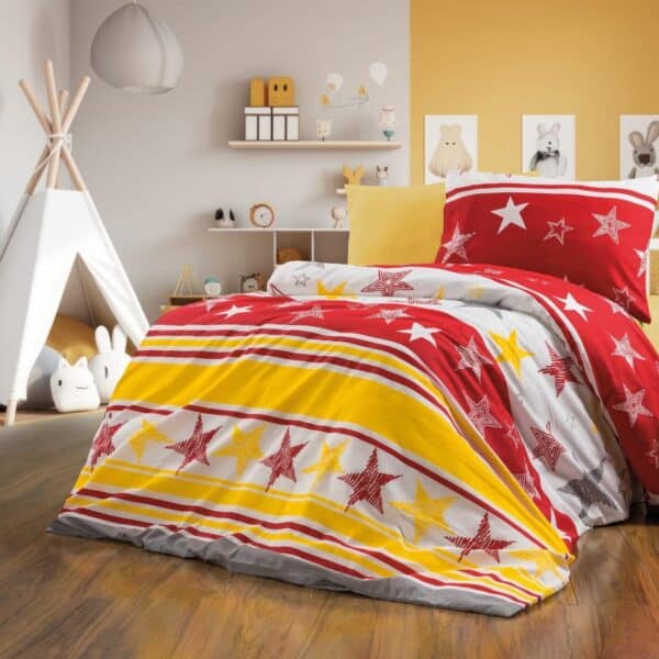 lenjerie bumbac ranforce galben rosie cu dungi stelute