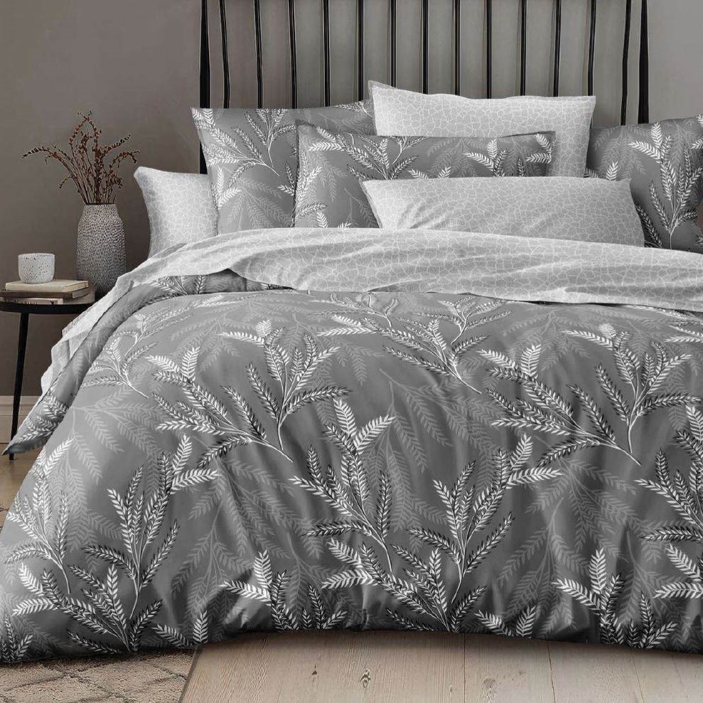 lenjerie bumbac ranforce gri cu frunze Lenjerie de Pat din Bumbac 100% Ranforce - Pat 2 Persoane, 4 Piese - PUF143498-42