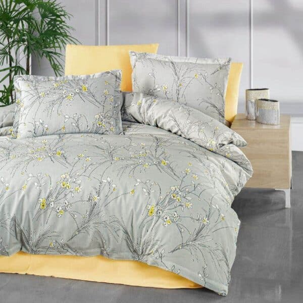 lenjerie bumbac ranforce gri galben cu floricele