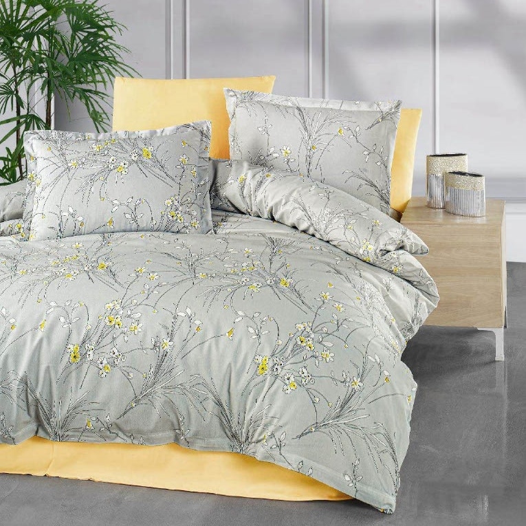 lenjerie bumbac ranforce gri galben cu floricele lenjerie bumbac ranforce gri galben cu floricele