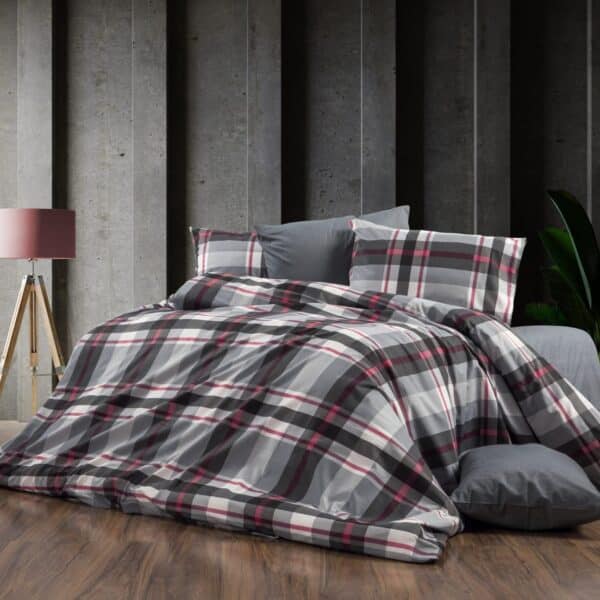 lenjerie bumbac ranforce gri rosu cu dungi