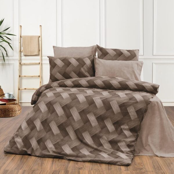 lenjerie bumbac ranforce maro cu dungi abstracte