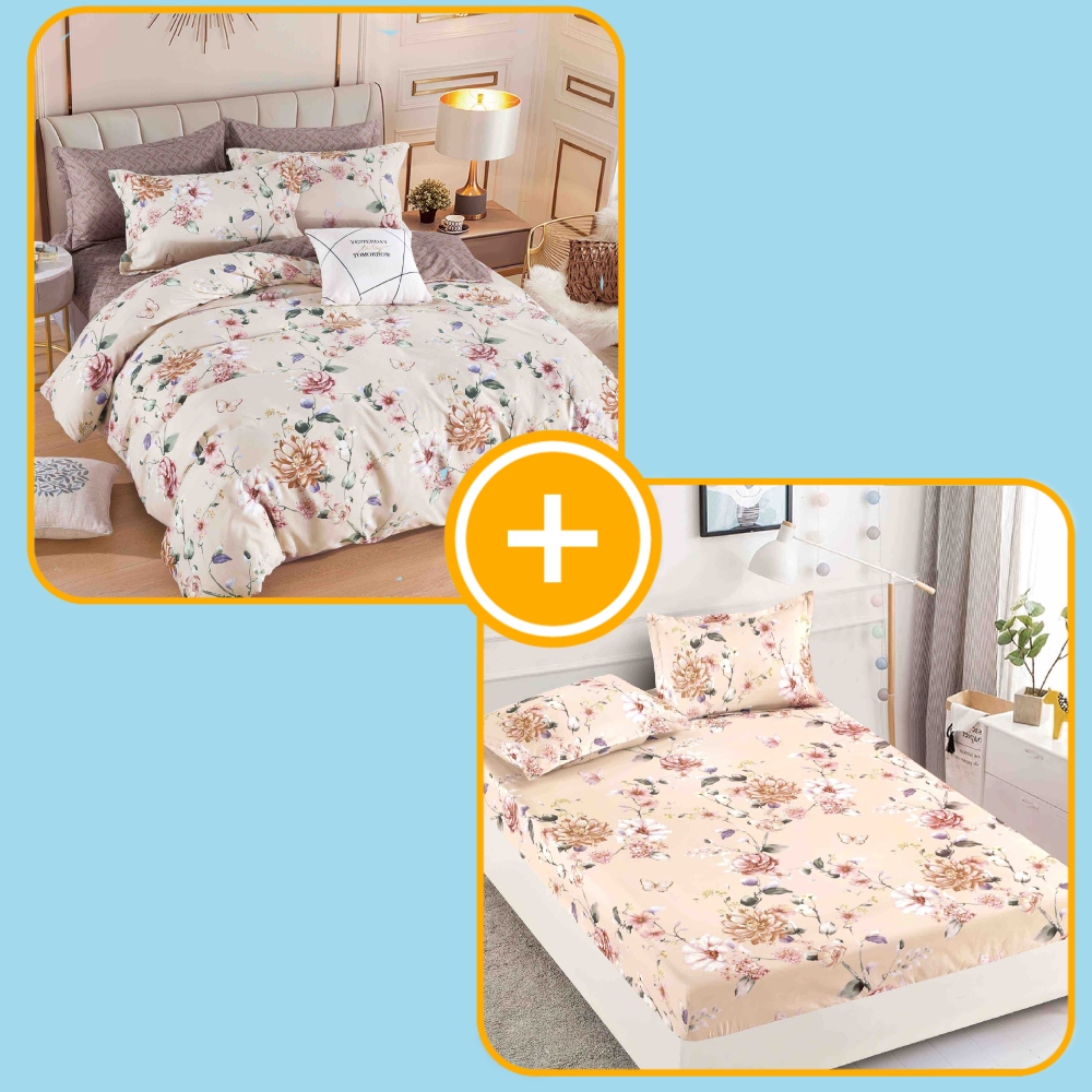 pachet husa si lenjerie bej cu flori pachet husa si lenjerie bej cu flori