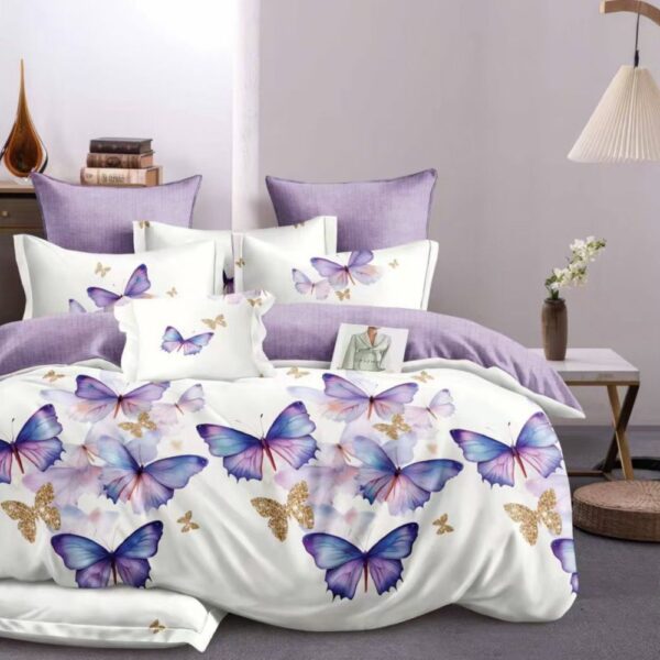 lenjerie de pat alba cu fluturi mov