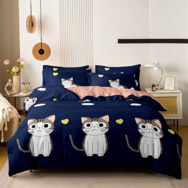 lenjerie de pat bumbac satinat albastra cu pisicute
