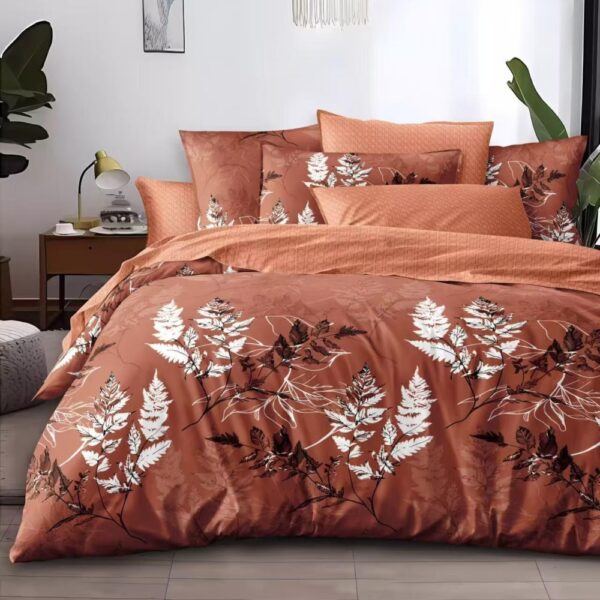 lenjerie de pat bumbac satinat maro cu frunze