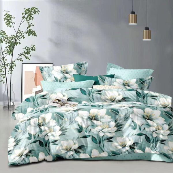 lenjerie de pat bumbac satinat turciaz cu flori albe