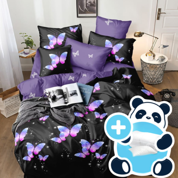 Pachet promo lenjerie pilota si perna pentru 1 persoana purple butterflies