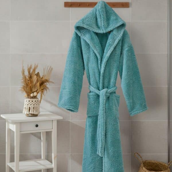 halat de baie wellsoft pufos cu gluga turcoaz